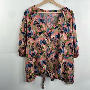 Roadtrip Linen Blend Easy Care Pink Tropical Tie Short Sleeve Top Plus Sz 2X